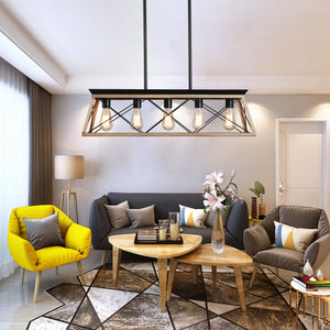 English Elm 32" Oak Industrial 5-Light Pendant Chandelier Rustic Metal Cage, Height Adjustable, E26 Compatible, UL Listed W2312P368671