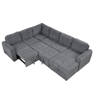English Elm 107.5" U-shaped Sofa Sectional with Storage Chaise, Pull-Out Bed, USB Charging, Corduroy Comfort Gray N719S001570E