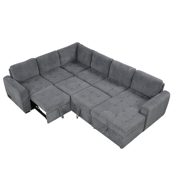English Elm 107.5" U-shaped Sofa Sectional with Storage Chaise, Pull-Out Bed, USB Charging, Corduroy Comfort Gray N719S001570E