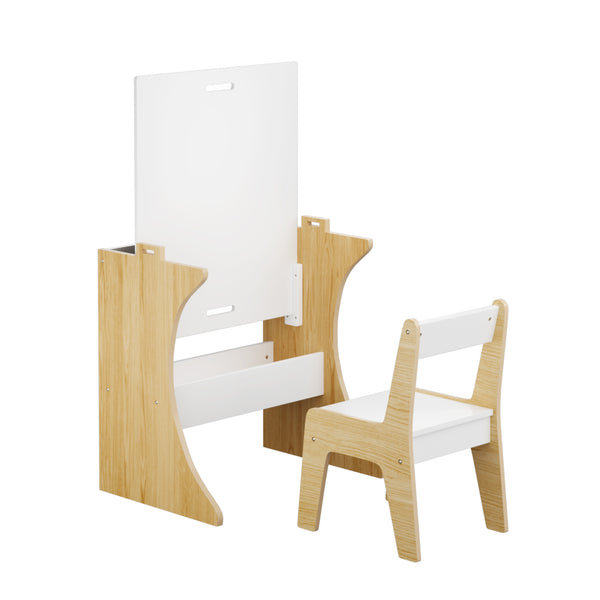 English Elm Kids Multifunctional Table Set with Chair, Convertible MDF Top for Study Drawing Play, White Natural Finish W808P293817