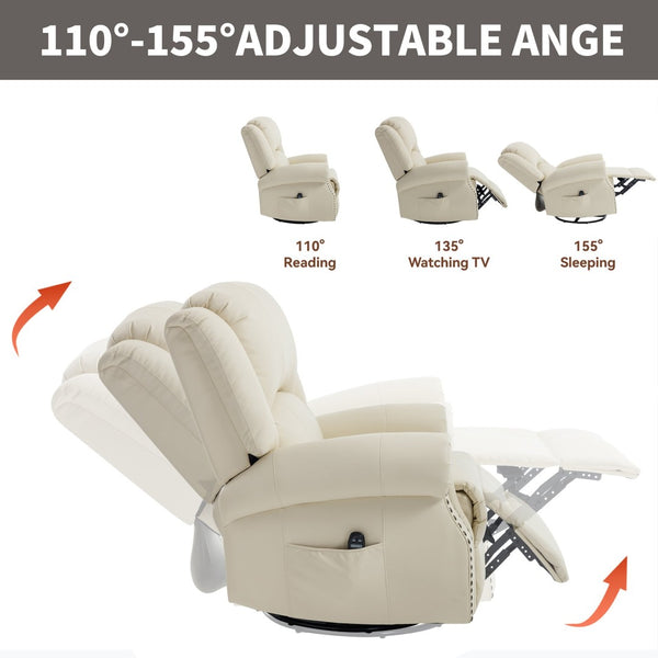 English Elm Heat Massage Rocker Swivel Recliner Chair with Lumbar Relief Nodes for Living Room Beige W3224S00028