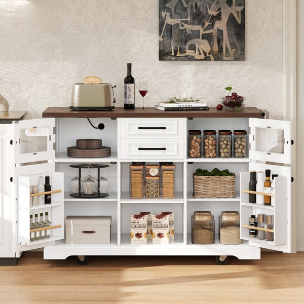 English Elm K&k Farmhouse Rolling Kitchen Island with Barn Doors Power Outlet and Drop Leaf White N707S300277W