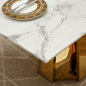 English Elm Marble Dining Table For 6-8, 70'' Rectangle Faux Marble Design With Elegant Gold Stainless Steel Base W3456S00011