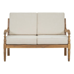 English Elm Christopher Knight Home® - Outdoor Acacia Loveseat with Beige Cushions, Curved Ergonomic Armrests & Carved Lattice Back Elegance N768P271733D
