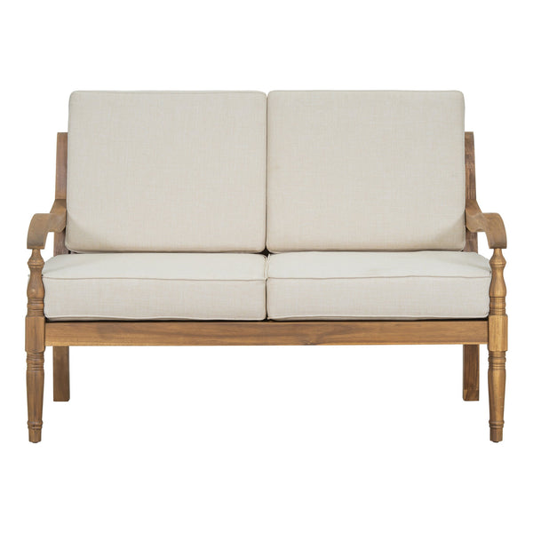 English Elm Christopher Knight Home® - Outdoor Acacia Loveseat with Beige Cushions, Curved Ergonomic Armrests & Carved Lattice Back Elegance N768P271733D
