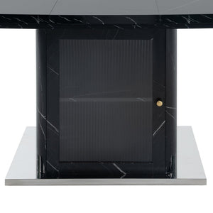 English Elm 47.24"-63"Modern Rectangle Dining Table with Extendable Top, Printed Marble Look, Sturdy Steel Base & Storage Black W757P331963