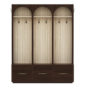 English Elm Farmhouse Hall Tree with Arched Panels Bench Drawers and Hooks for Mudroom Entryway Walnut W5271S00006