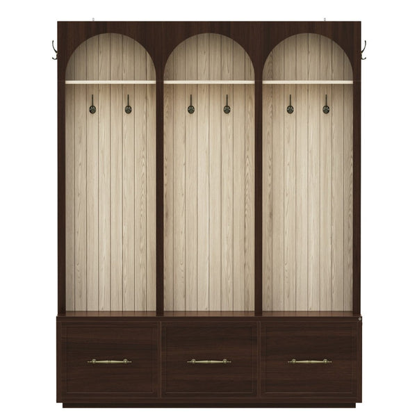 English Elm Farmhouse Hall Tree with Arched Panels Bench Drawers and Hooks for Mudroom Entryway Walnut W5271S00006