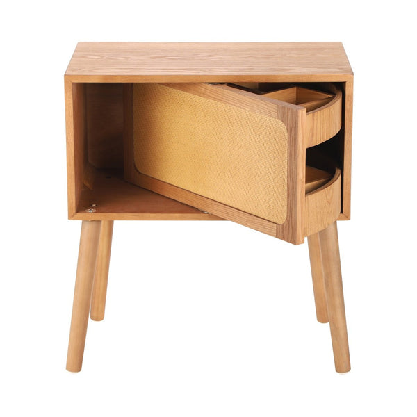 English Elm Rotating Rattan Nightstand Push Open Hidden Storage Mid Century Wood Leg Bedside Natural N761P288451M