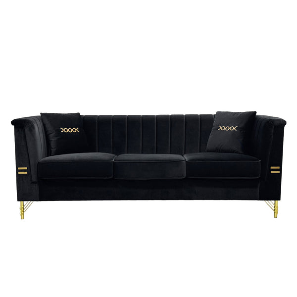 English Elm Fx-P82-Bk2 Modern Velvet 3-Seater Sofa With 2 Pillows | Elegant Chesterfield Design & Glam Gold Legs W576S00215