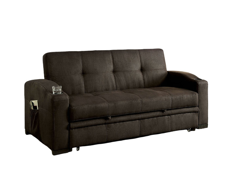 English Elm Transitional Futon Sofa with Pull-Out Trundle, Button Tufted Brown Upholstery, Cup Holders & Pockets B2741S00486