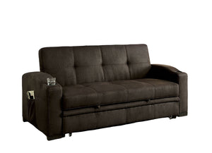 English Elm Transitional Futon Sofa with Pull-Out Trundle, Button Tufted Brown Upholstery, Cup Holders & Pockets B2741S00486