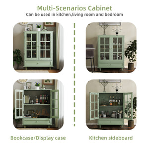 English Elm Minimalism Mint Green Buffet Cabinet with Tempered Glass Doors, Solid Wood Legs, Adjustable Shelves & Drawer (Classic Vintage) W2557P262926