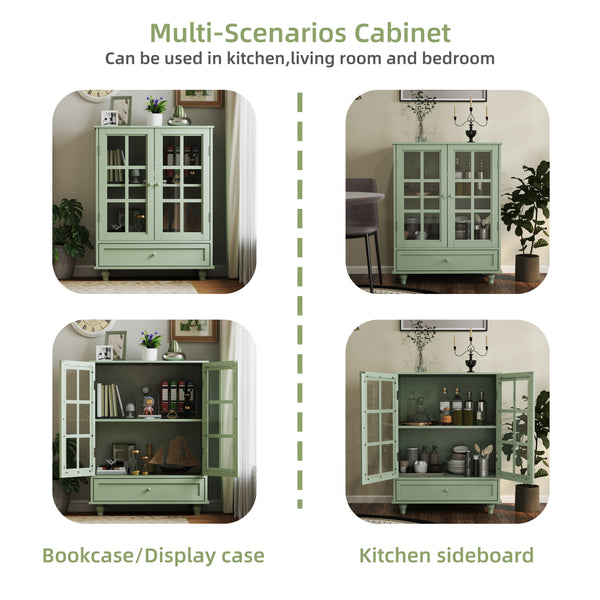 English Elm Minimalism Mint Green Buffet Cabinet with Tempered Glass Doors, Solid Wood Legs, Adjustable Shelves & Drawer (Classic Vintage) W2557P262926