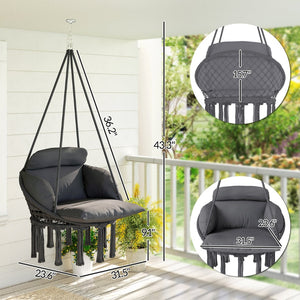 English Elm Hanging Hammock Swing Chair Boho Fringe Cushioned Seat for Patio or Indoor Use T3971P445668