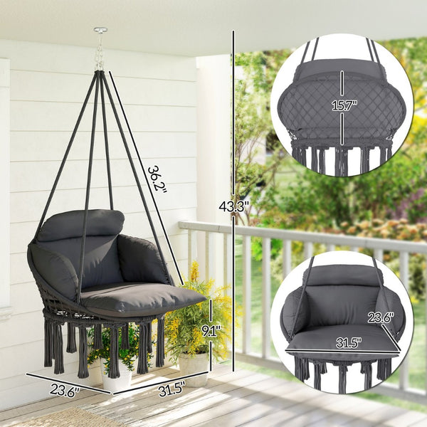 English Elm Hanging Hammock Swing Chair Boho Fringe Cushioned Seat for Patio or Indoor Use T3971P445668