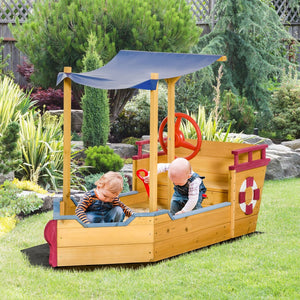English Elm Outsunny Wooden Pirate Ship Sandbox with Canopy Storage Bench Outdoor Kids Play W2225P217334