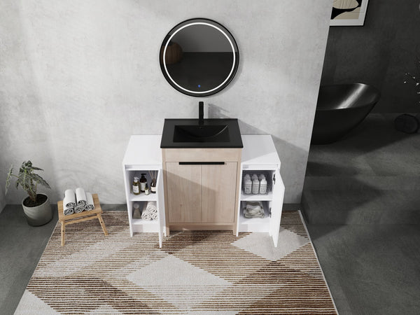 English Elm 48 Inch Freestanding Bathroom Vanity With Black Ceramic Sink, Soft-Close Doors & Ample Storage W999S00313