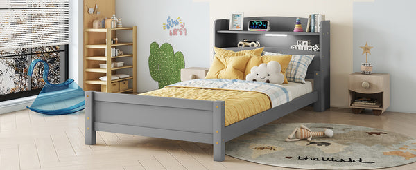 English Elm Twin Pine Wood Bed with Bookcase Headboard LED Motion Sensor Light Guardrails Ample Storage Space Grey W504P277595