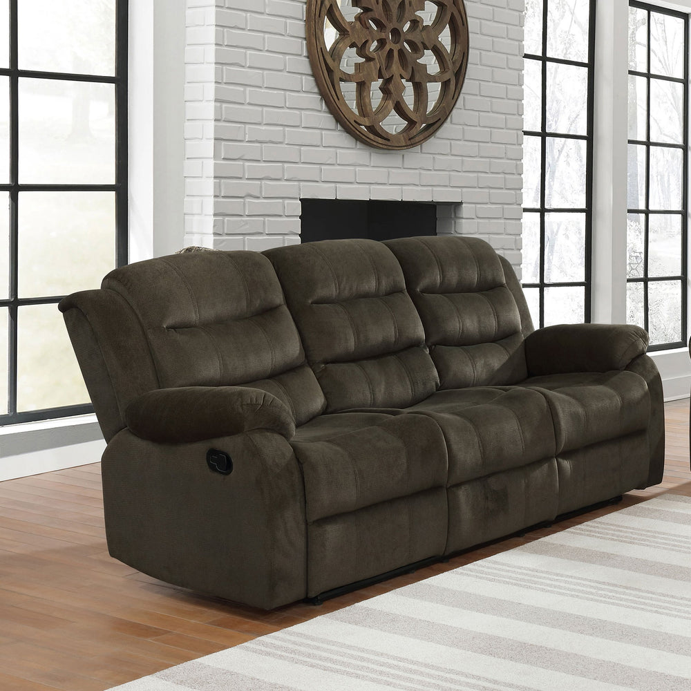 English Elm Belmont Olive Brown Velvet Motion Reclining Sofa with Pillow Top Arms, Triple-Channel Back Comfort B062P357804