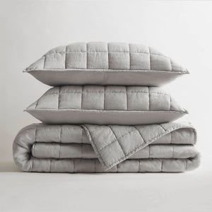 English Elm 3-piece French Linen Quilt Set Garment Washed Breathable Box Stitched Bedding Gray B035P408299