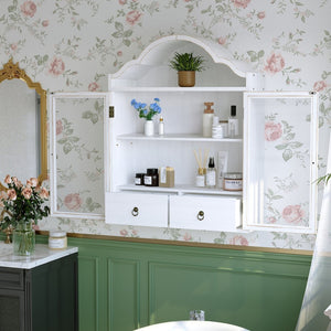 English Elm Vintage Solid Wood Wall Cabinet Wave Crown Distressed White Farmhouse Storage Display W757P383536