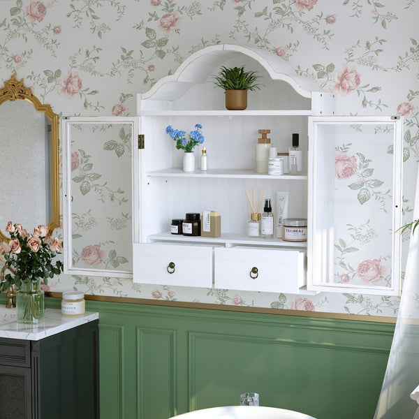 English Elm Vintage Solid Wood Wall Cabinet Wave Crown Distressed White Farmhouse Storage Display W757P383536