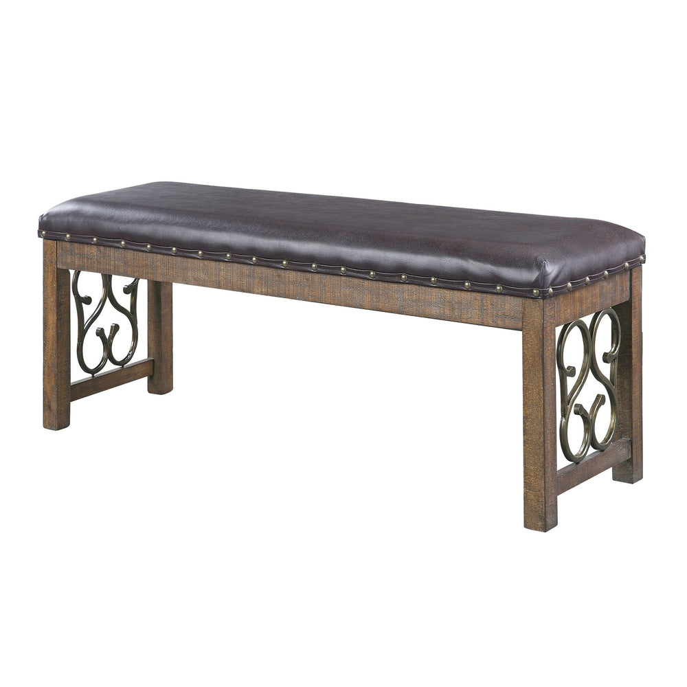 English Elm Black Black and Weathered Cherry Bench with Nailhead Trim, PU Leather Upholstery, Sturdy Pedestal Bases, Elegant Dining Accent — 56.5" Length B062P189064