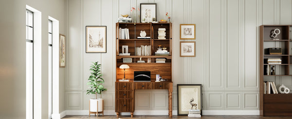 English Elm 47'' Retro Desk with Charging Ports, 5 Drawers & Glass-Door Hutch Cabinet for Home Office Walnut N733S357626D