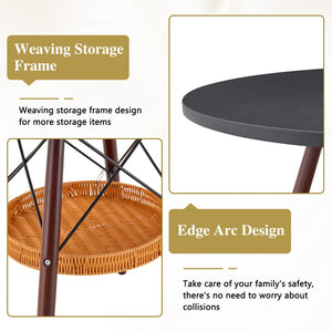 English Elm 31.5-inch Round Dining Table Solid Legs Woven Basket Storage Compact Modern Minimalist Walnut+Black W1151P431130
