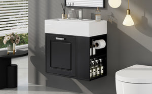 English Elm Christopher Knight Home® - 21.8" Wall-Mounted Bathroom Vanity with Ceramic Sink, Soft-Close Drawer, Adjustable Shelves & Tissue Holder Black N759P292550B