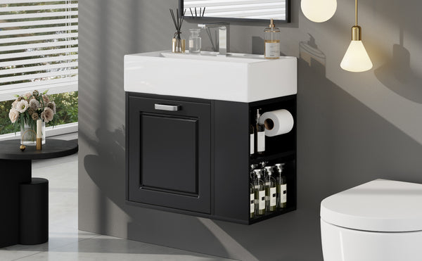 English Elm Christopher Knight Home® - 21.8" Wall-Mounted Bathroom Vanity with Ceramic Sink, Soft-Close Drawer, Adjustable Shelves & Tissue Holder Black N759P292550B