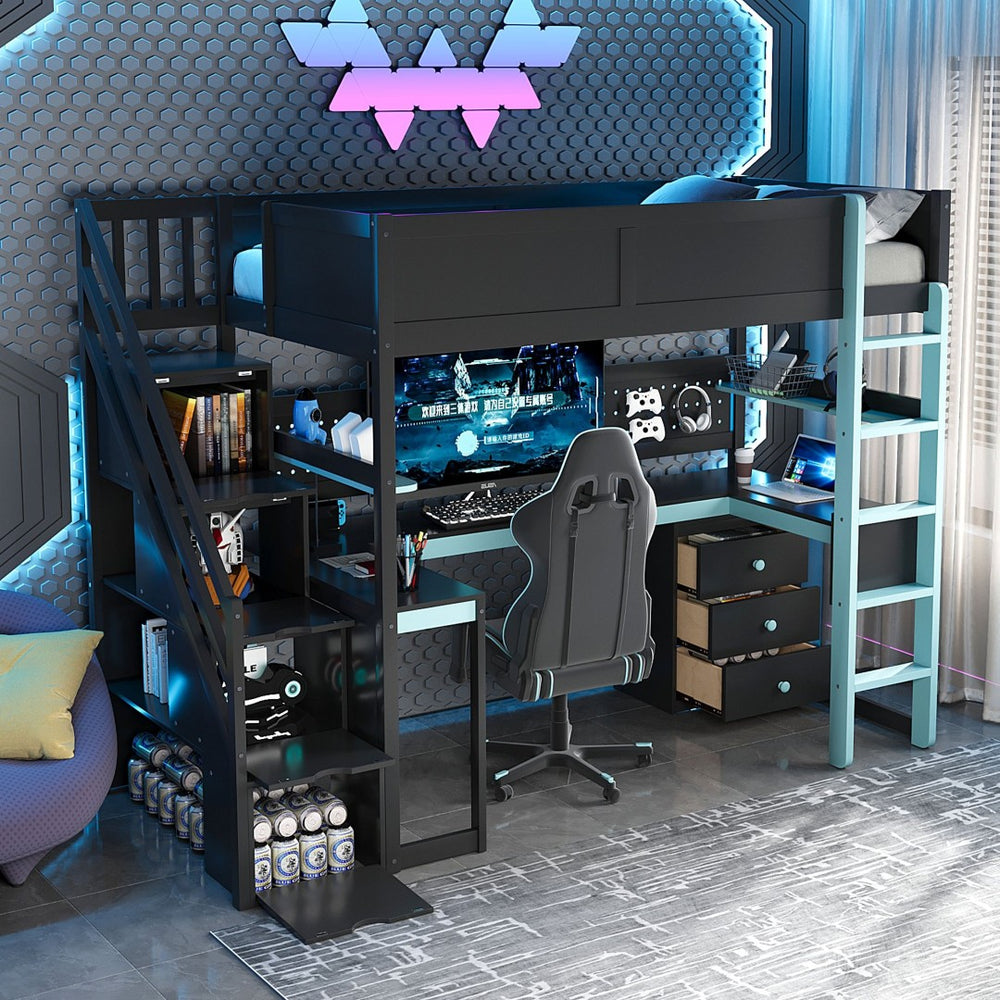 English Elm Full Size Gaming Loft Bed with Led Lighting Desk Shelves and Usb Charging Ports N820S00070C