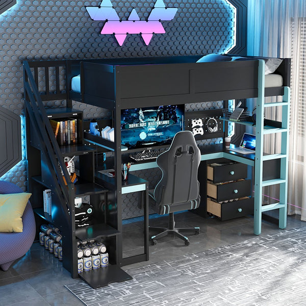 English Elm Full Size Gaming Loft Bed with Led Lighting Desk Shelves and Usb Charging Ports N820S00070C