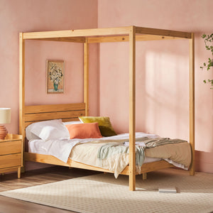 Minimalist Boho Full Canopy Bed with Simple Headboard Natural Pine ISLB6BNP Walker Edison
