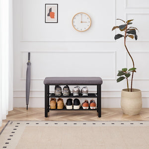 English Elm Shoe Bench with Cushion and 2-Tier Shelf — Space-Saving Modern Entryway Seat for Living Room W1718P345574
