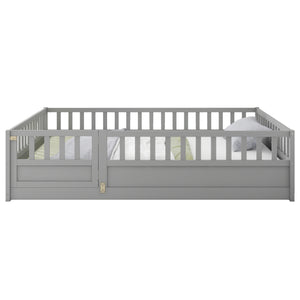 English Elm Full Montessori Floor Bed Frame With High-Security Barrier & Clockwise Door - Cozy Gray Design W1858P164944