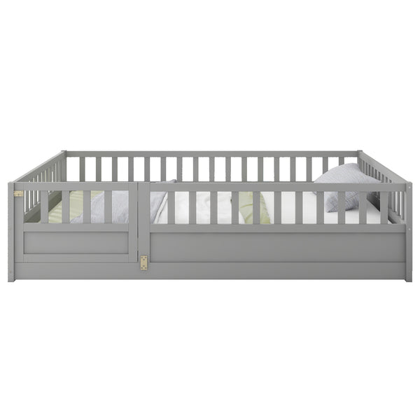 English Elm Full Montessori Floor Bed Frame With High-Security Barrier & Clockwise Door - Cozy Gray Design W1858P164944