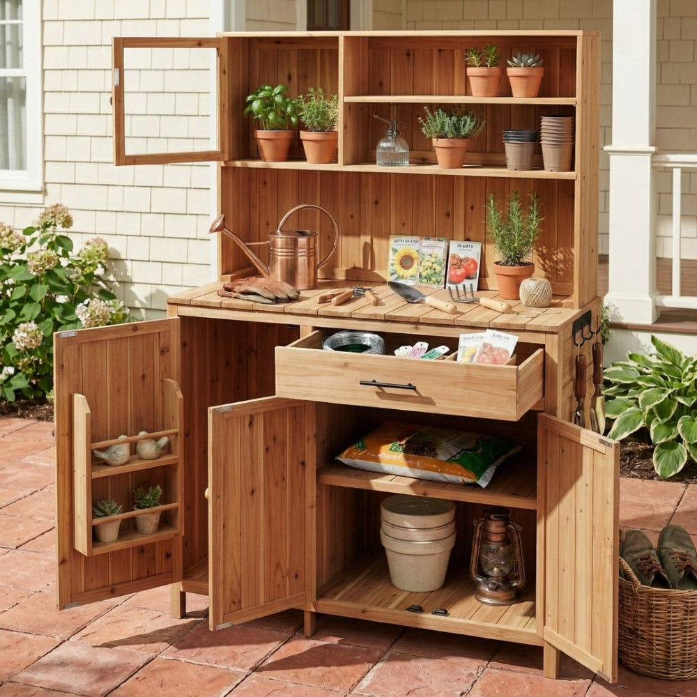 English Elm (with Hutch) Topamx Solid Fir Potting Bench Patio Workstation Spice Rack Drawer Natural N717P404330A