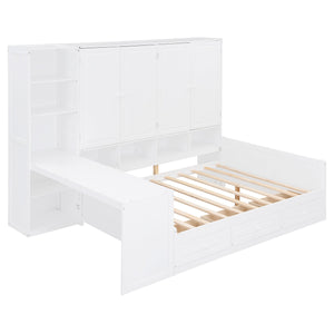 English Elm Full Size Wooden Daybed With Versatile Workspace, Three Storage Drawers, And Adjustable Shelves N820S00055K