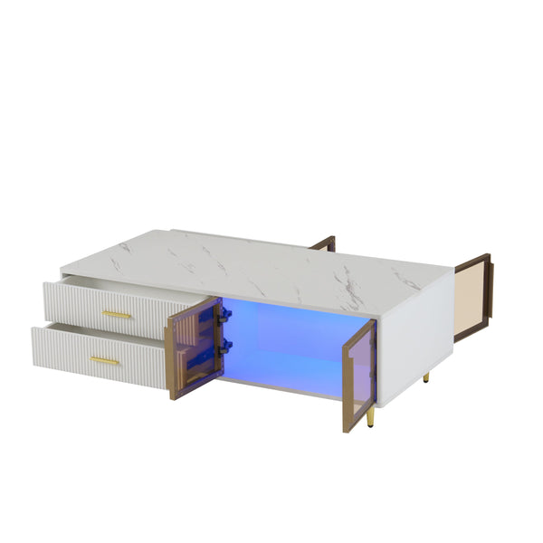 English Elm Modern Blue MDF Coffee Table with Marble Top, 2 Glass Door Cabinets, 4 Drawers, Gold Legs & LED Lighting (47.2") N735P167909