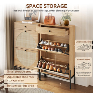 English Elm 2-door Rattan Front Shoe Cabinet Slim Wood Entryway Organizer with Drawer Open Shelf W5221P417193