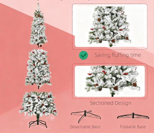 English Elm Snow Flocked Pencil Christmas Tree with Pine Cones Red Berries and Frosted Pvc Tips T3971P415496