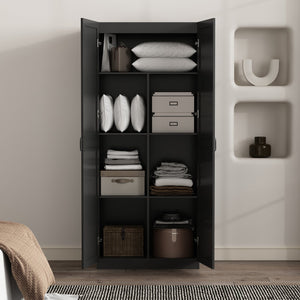 English Elm Cornelia Black Storage Cabinet with 7 Shelves, Soft-Close Hinges, Mop Base & Metal Handles, 71" H B365P397857