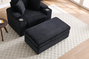 English Elm Corduroy Upholstered Chaise Lounge Sofa with Movable Ottoman, Cup Holder, Deep Seat Comfort Black W2120S00011