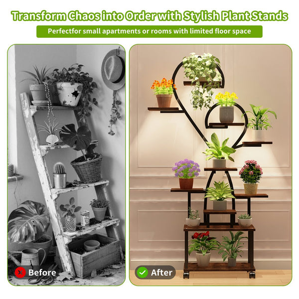 English Elm (Heart Shape) Plant Stand Indoor with LED Grow Lights, Tiered Metal Tree Shelf, Stylish Black/Walnut Decor W2641P323276