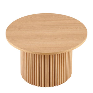 English Elm Oak Mid-Century Round Coffee Tables Set of 2 – Oak Veneer Tops, Metal Roman Column Bases, Sturdy Sofa Side Tables W1164S00026