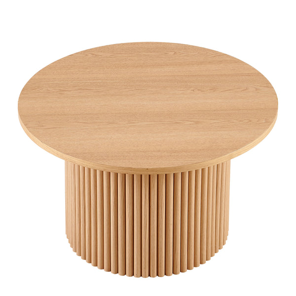 English Elm Oak Mid-Century Round Wood Veneer Coffee Table 28" Elegant Roman Column Metal Base, Sturdy Oak W1164P225845