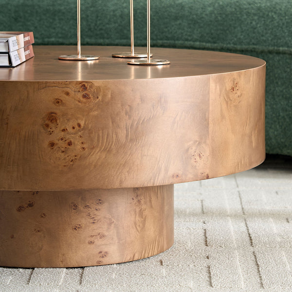 English Elm 31.49'' Burl Veneer Coffee Table — Modern Walnut Round 31.49" Small Space Pedestal Table, Stable Stylish Centerpiece W876P362390