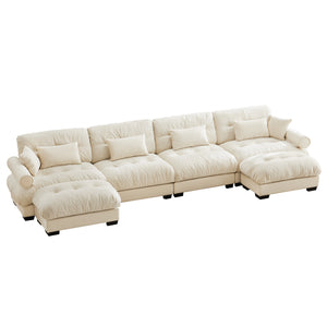 English Elm U Shaped Cloud Couch Velvet Sectional 4-Seater with Movable Ottomans, Deep Comfort, Cream Cozy Lounge W714S01076